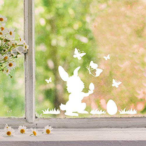Fensterbilder Fensterbild Hase Reh Blumen Schmetterlinge wiederverwendbar Frühling Frühlingsdeko Ostern Fensterdeko M2454 - ausgewählte Farbe: *weiß* ausgewählte Größe: *5. Häschen mit Ostereier*