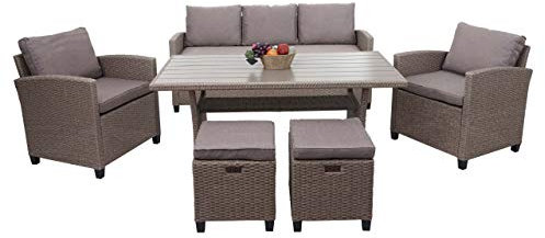 Mendler Poly-Rattan Garnitur HWC-E95, Garten-/Lounge-Set Sitzgruppe, Spun Poly halbrundes Rattan - grau-braun, Kissen grau