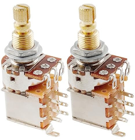 Musiclily Pro Brass Full Metric Sized Split Shaft Control Pots A500K Push/Push Audio Taper Potentiometers for Guitar (Set of 2)