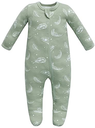 Owlivia Baby Schlafstrampler aus Bio Baumwolle, für Mädchen und Jungen, Langarm, mit Fußen (Feder, 0-3 Monate)