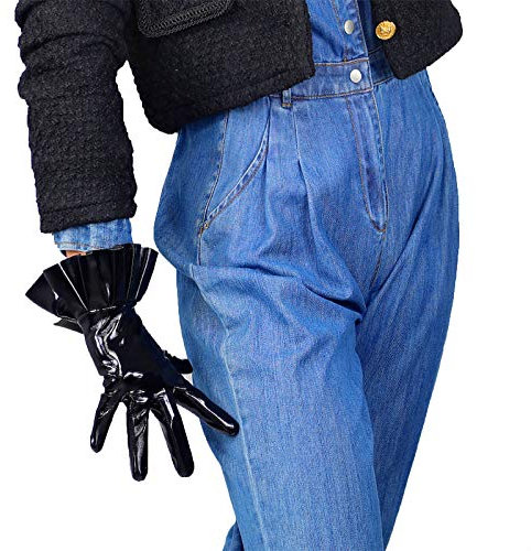 DooWay Schwarze super lange Lederhandschuhe für Frauen aus künstlichem Lack PU Sexy Oper Glänzend Paar Fingerhandschuhe Cosplay Passende, Rüschenbesatz, 25 cm, Schwarz, Mittel
