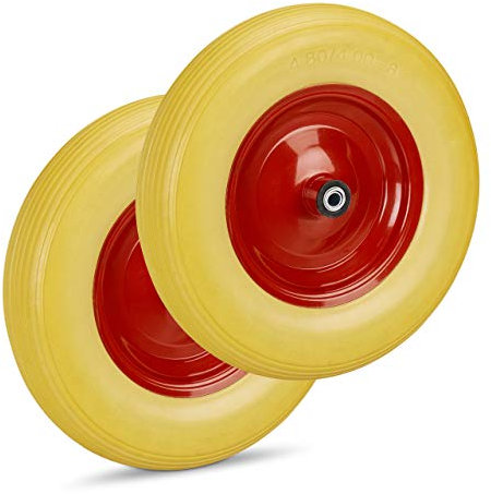Relaxdays 2 x Schubkarrenrad 4.80 4.00-8, Vollgummirad & Stahlfelge, je 3 Adapter, Ersatzrad pannensicher, 100 kg, gelb-rot