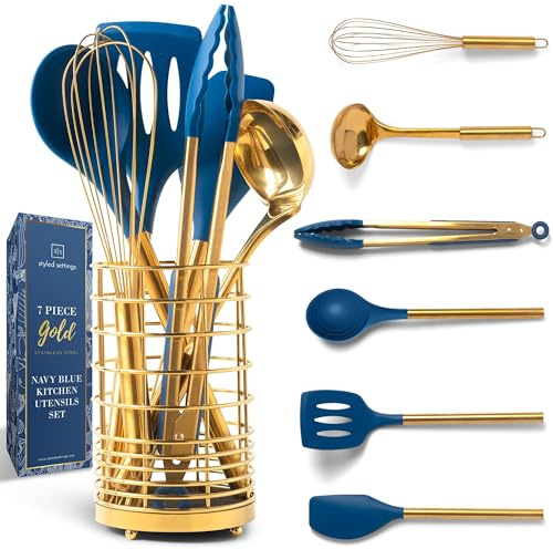 STYLED SETTINGS Gold and Navy Blue Kitchen Utensils Set -17PC Includes Utensil Holder, & Measuring Cups Spoons, - Accessories, Unique Cooking Gifts