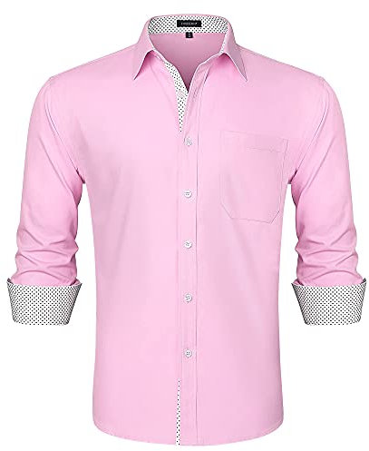 HISDERN Chemise Rose Homme Manches Longues Regular Fit Chemises Hommes Habillées de Marque Business Casual Chemise avec Poche Repassage Facile,Rose Pale,XL