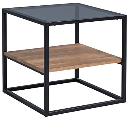 Möbel Jack Couchtisch - Grauglasplatte - Metallgestell - 50 x 50 cm - Ablage in Eichedekor