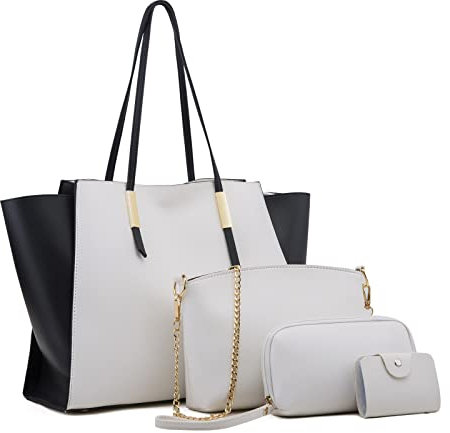 FANDARE Elegant Damen Handtasche Frauen Citytasche 4-teiliges Set mit Umhängetasche Unterarmtasche Brieftasche Schulterbeutel Shopper Tote für Reise Alltag Büro Schule Ausflug Henkeltasche Weiß