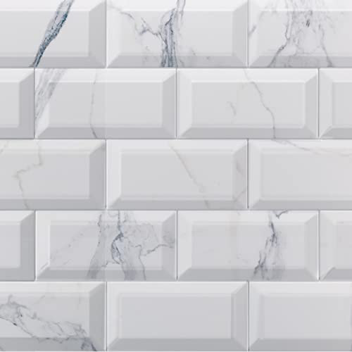 The Bath People Metro Tiles Kitchen Bathroom Feature Wall Gloss Ceramic Bevelled Edge Brick Effect Tiles Marble White 100 x 200mm – 50 Tiles 1m², White Marble