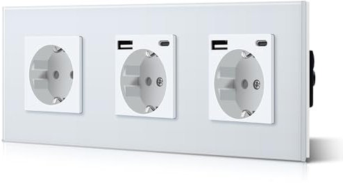 BSEED 3 Fach Schuko Steckdose Unterputz 3 in 1 Steckdosen mit 2.1 A USB Ladeleistung und Type C Adapter Aufladestation Verlängerungssteckdosen Glas 228mm Weiß