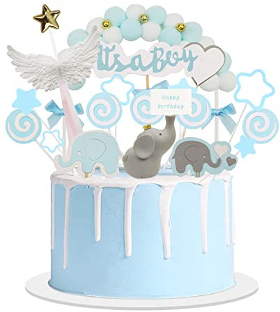 OMIGA 21 Stück Taufe Junge Elefant Kuchen Dekoration Luftballon Sterne Pearl Ball Crown Cake Auswahl Blau Tortendeko für Baby Shower Kindergeburtstag Babyparty (Blau)