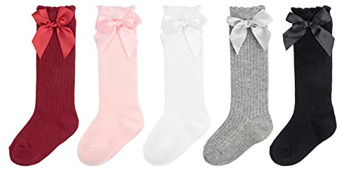 DRESHOW Calcetines hasta la Rodilla para Niña Calcetines de Vestir para Niño Pequeño Calcetines con Lazo para Bebé Calcetines Infantiles de Algodón