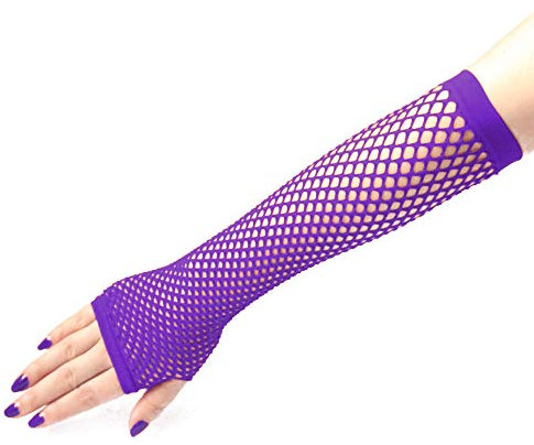 PTNKUIIY Damen Lange Netz Handschuhe,Frauen Fingerlose Fischnetz Lange Handschuhe Elastische Nylon Mesh Handgelenk Handschuhe Abendhandschuhe für 80er Jahre Mottoparty Kostüm Zubehör Halloween,Lila