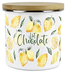 Purely Home Painted Lemons Hot Chocolate Canister - White Metal Enamel Kitchen Food Storage Container