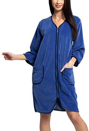 Aquarti Damen Velours Bademantel Morgenmantel Kurz mit Reißverschluss, Farbe: Jeans, Größe: 4XL