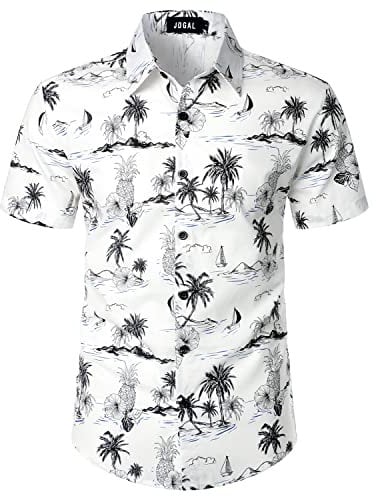 JOGAL Mens Flowers Hawaiian Shirts Short Sleeve Casual Button Down Beach Shirt White PineaFlower Large