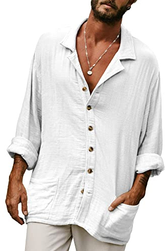 YAOHUOLE Men's Casual Cotton Linen Shirt Button Down Long Sleeve Solid Color Hawaiian Summer Beach Shirt