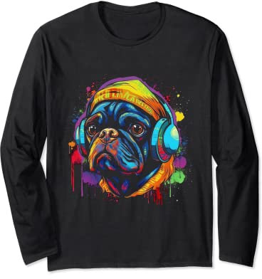 Cooler Mops mit Kopfhörer und Mütze im Retro-Design Langarmshirt