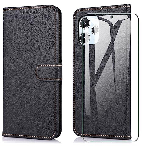SMYTU Coque pour Xiaomi Redmi 12 4G / 5G (6,79) avec Verre Trempé,Étui de Protection Portefeuille Case Cover de Magnétique Housse en Cuir - Noir