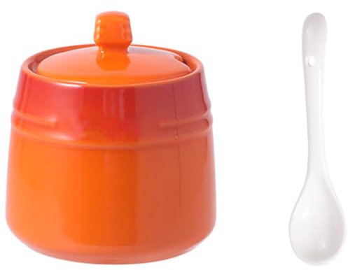Kichvoe Dispenser Container Sugar Bowl with Lid and Spoon Ceramic Sugar Jar Porcelain Condiment Pot Sugar Container Seasoning Box for Home Kitchen Coffee Bar Orange Coffee Bar Containers