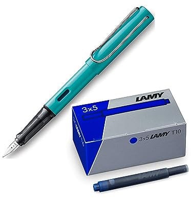 LAMY AL-star Set leichter Füllhalter aus Aluminium in turmaline mit ergonomischem Griff und polierter Stahlfeder Stichbreite M T10 3er Set Tintenpatronen, original Umkarton - Tinte blau