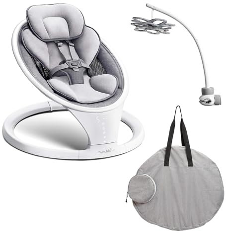Munchkin Electric Baby Bouncer Bluetooth Enabled Baby Rocker Swing, Newborn Soothing Chair with Motion & Sounds (Grey/White) + Munchkin Travel Carrying Case + Munchkin Baby Bloom Toy Mobile