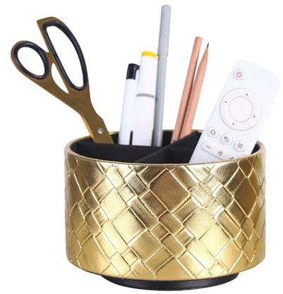 LINKWELL TV Remote Holder, PU Leather 360 Degree Rotating Remote Caddy with 4 Compartments, Bedroom Nightstand, Gold PH103