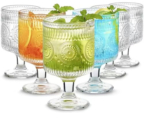 6 Packs Vintage Goblet Glasses, 8 oz Wine Glasses, Embossed Floral Glass Cups Set, Clear Drink Glasses, Drinking Goblets, Bar Tumbler Glassware for Iced Tea, Wine, Beer, Juice, Cocktail, Whiskey