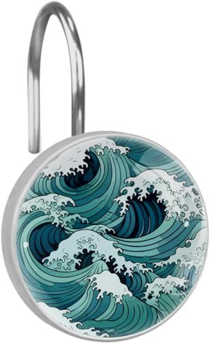 Ganci per tenda da doccia, ganci per tenda da doccia, 1 pezzo, onde floreali astratte marine