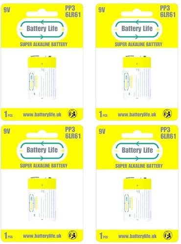 Battery Life 9v PP3 Batteries (Pack of 4) for Smoke Fire Alarm Detector Square Block MN1604 6LR61 6F22 Alkaline Long Life UK Brand