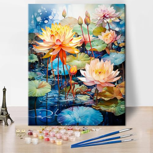 Lotusblume Malen nach Zahlen für Erwachsene Teichlandschaft DIY ?lfarbe nach Zahlen auf Leinwand Kunsthandwerk mit Pinseln Acrylfarben für Kinder Home Decor Malerei Geschenk 16x20 In rahmenlos