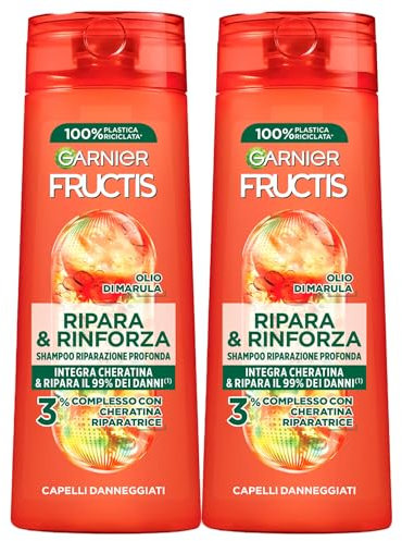 Garnier Fructis repariert und stärkt Shampoo für tiefe Reparaturen beschädigtes Haar mit Marula-Öl Keratin, nährtes und elastisches Haar – 2 Flaschen à 250 ml
