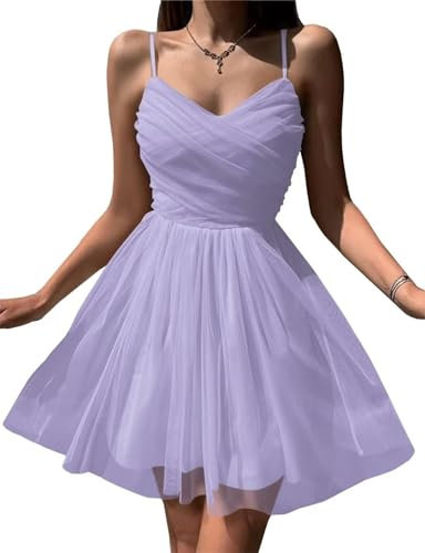 2024 Teens Homecoming Dresses Women's Tulle Spaghetti Straps Short Prom Dresses V-Neck Sleeveless Cocktail Gowns Mini Dress Lilac Purple XXS