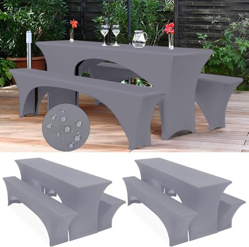 Zwei 3er-Set Biertischhussen 220 x 50 x 70cm, hussen bierzeltgarnitur, hellgrau, Stretch-Bezüge für Biertisch-und Bankgarnituren, Bierbankhussen, Spandex-Bierzeltgarnitur für Bankett (wasserdicht)