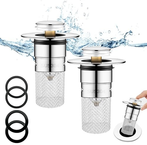 2 Stück 304 Edelstahl Pop Up Abflusssieb, Upgraded Bathroom Sink Plug, Metal Drain Plug Universelle, Waschbeckenstöpsel, Mit Filtersieb/Dichtungen,Abflussstopfen für Bad,Waschbecken und Küche(34-40mm)