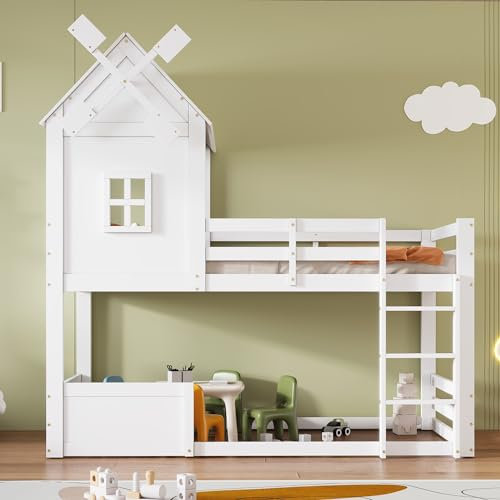 Etagenbett 90x200 mit Windmühle, Kinderbett mit Fenster und Dach, Hochbett Hausbett Stockbett mit Rausfallschutz und Lattenrost, Baumhaus Bett Spielbett Funktionsbett Jugendbett, ohne Matratze, Weiß