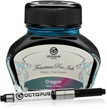 Octopus Fluids Dragon Sheen-Tinte Petrol mit Konverter, 30 ml | Mit Tinten-Konverter für Füllhalter mit Standardpatronensystem, Sheen-Effekt auf glattem, wenig saugendem Papier