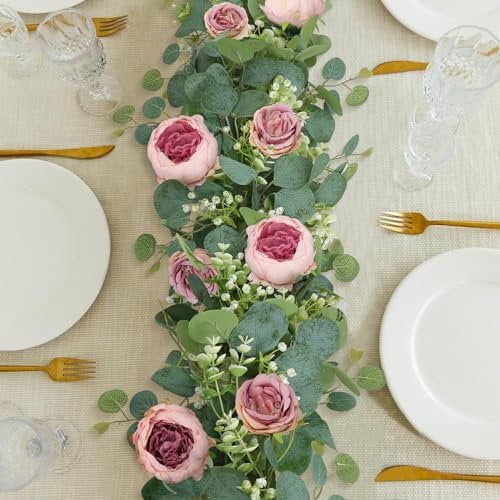 SOMYTING 4 stück Künstliche Blumengirlande Eukalyptus Girlande Vintage Gefälschte Blume Pfingstrose Rosenrebe Grün Dekorative Wandbehangpflanze für Hochzeitsbogen Türanordnung Partydekoration (Rosa)
