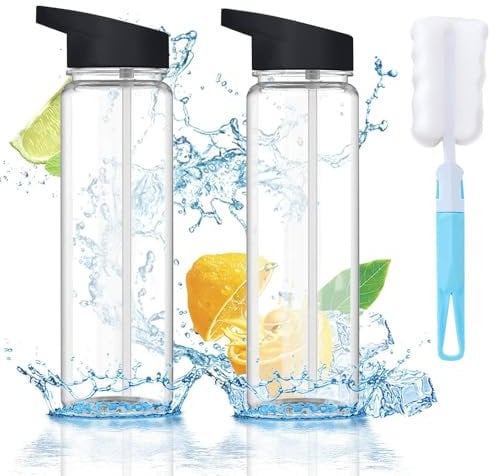 WUERKIYA Clear Water Bottle, 2-Pack 750ml BPA-Free Plastic Reusable Sports Bottles with Straw, Flip-Top Lid, Perfect for Biking, Running, Hiking, Gym, School, Yoga, Office