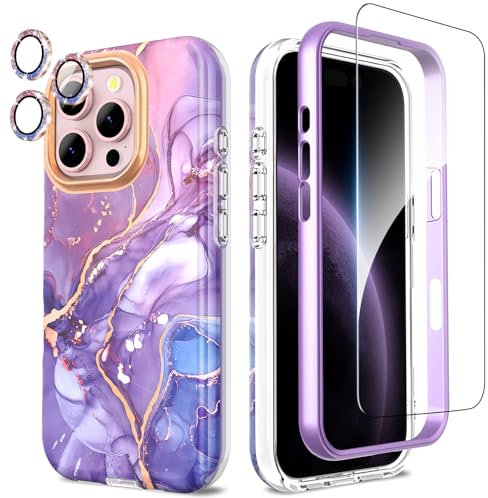 SHEDEER for iPhone 16 Pro Case with Screen Protector + Bumper & Camera Protector, TPU Shockproof 360° Protection, 16 Pro Cases Glossy Fade-Resistant Pattern Phone Case 16 Pro, Purple