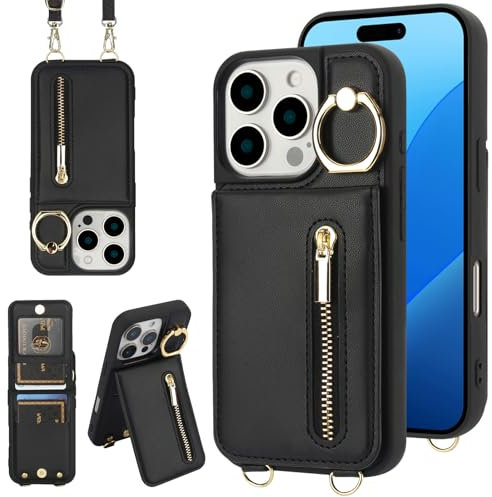 Jcxtrombulous Hülle für iPhone 13 Pro Hülle Stoßfeste Handyhülle mit Verstellbarer Halskette RFID Reißverschluss Geldbörse Etui mit Kartenfach mit Band Ring Ständer Case für Frauen-Schwarz