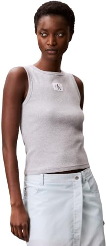 Calvin Klein Damen Tank Top Woven Label Cotton Rib mit Logo, Grau (Bc06 Grey Heather), L
