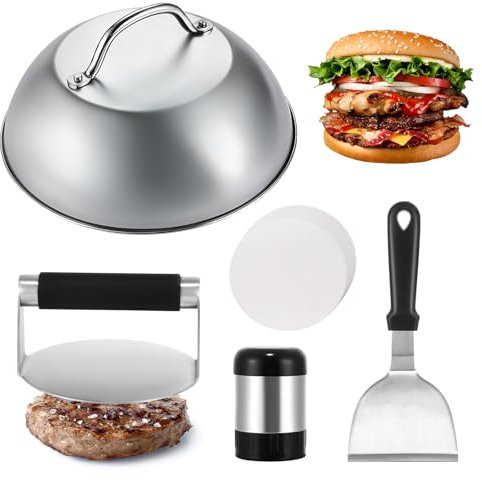 6 Pieces Burger Smasher Press Set, Stainless Steel Griddle Accessories with Cheese Melting Dome, Spatula, Brush, Oil Absorbing Paper and Castor, Burger Making Tools Kit for Flat Top Grill Cooking