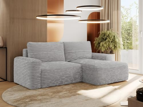 MKS MEBLE Sofa mit Schlaffunktion - Ecksofa mit Schlaffunktion und Bettkasten - Sofa 3 Sitzer - Schlafsofa - Couch - Schlafsofa mit Bettkasten - Belluno - Hellgrau Cord - Rechts