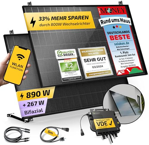 Solakon 900W Balkonkraftwerk mit Halterung (Wand) - Balkonkraftwerk 800W komplett Steckdose - 800 Watt Wechselrichter - Solaranlage Komplettset - 450W bifaziale Solarmodule inkl. Zubehör - 5m Kabel