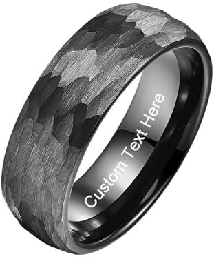 Vakki Personalisiert Schwarzer Herren Ringe 8mm Hammerschlag Wolfram Ring Schwarz Gehämmerter Ehering mit Eingraviertem für Männer Größe 70(22.3)