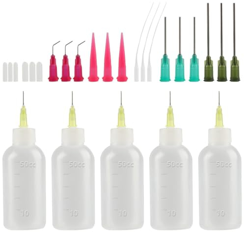 Tomoyuki 5 STK Nadelflaschen 50ml Nadelflaschen Applikator, Dosierflasche | mit 17 Dispensing Nadeln & Kappen für DIY Handwerk Nachfüllkleber Leimflasche