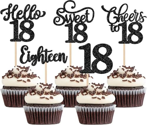 30 Stück 18th Geburtstag Tortendeko Glitzer Hello 18 Cheers to 18 Cupcake Toppers Sweet Eighteen 18 Kuchen Deko für Prost auf 18 Geburtstag Jahrestag Party Kuchen Dekoration Schwarz