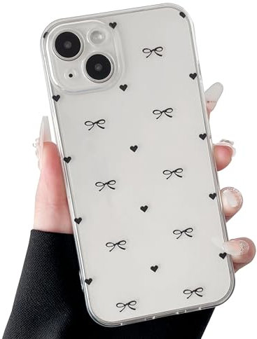 ZTOFERA Clear Case for iPhone 13, Cute Love Heart & Bowknot Pattern Design Aesthetic Transparent Phone Case Soft Flexible TPU Shockproof Protective Cover for Women Girls - Black Bow