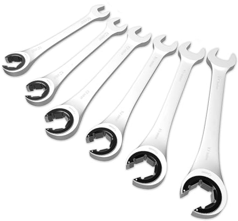 Candeon Juego De Llaves Fijas Con Carraca, 6 Piezas 10-17mm Juego De Llaves Combinadas Con Carraca Abierta, Llave Tubo Para Frenos, LíNea De Combustible Para ReparacióN De Coches, Aire Acondicionado