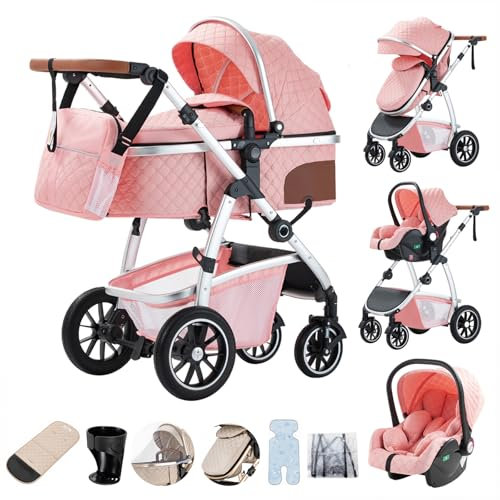 Zkiprm Poussette 3 en 1, Système de Voyage Avec Siège Auto, Landau et nacelle, Accoudoirs réglables, Habillage pluie, Moustiquaire, Châssis aluminium, Landau urbain pour enfants 0-4 ans, Rose