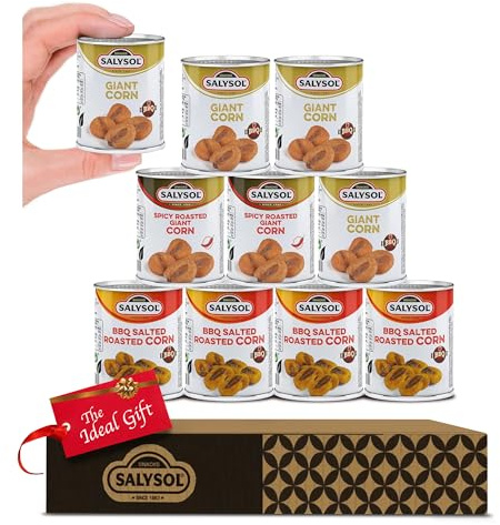 Salysol Roasted Giant Corn Mix – 10 Pack Mini Can Snack Variety – 4 BBQ Salted 35g, 4 BBQ Giant Corn 30g, 2 Spicy Roasted 30g – Gift Box Snack Set for Men and Women